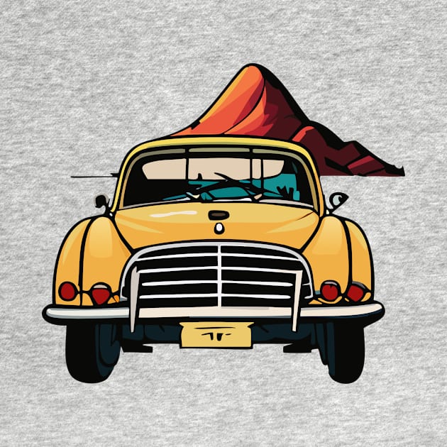 t-shirt design featuring a vintage car with a scenic landscape in the background, detailed illustration, and retro style. by goingplaces